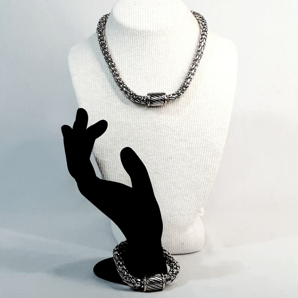 💎Polished Silver Tone Clam Shell Link Necklace Bracelet Magnetic Barrel Clasp